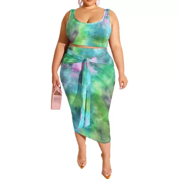 IyMoo Womens Sexy Plus Size 2 Piece Midi Dress Outfits  Sleeveless Tie Dye Print Tank Crop Top Bodycon Skirts SetGreen1