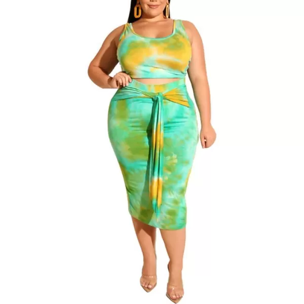 IyMoo Womens Sexy Plus Size 2 Piece Midi Dress Outfits  Sleeveless Tie Dye Print Tank Crop Top Bodycon Skirts SetLake Blue
