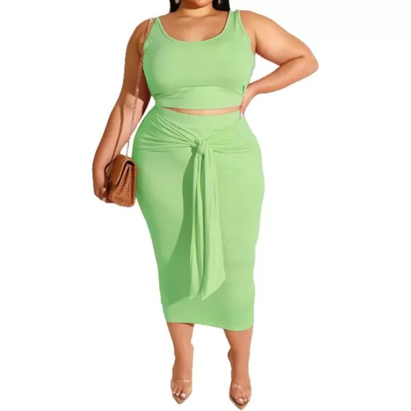 IyMoo Womens Sexy Plus Size 2 Piece Midi Dress Outfits  Sleeveless Tie Dye Print Tank Crop Top Bodycon Skirts SetLight Green Solid