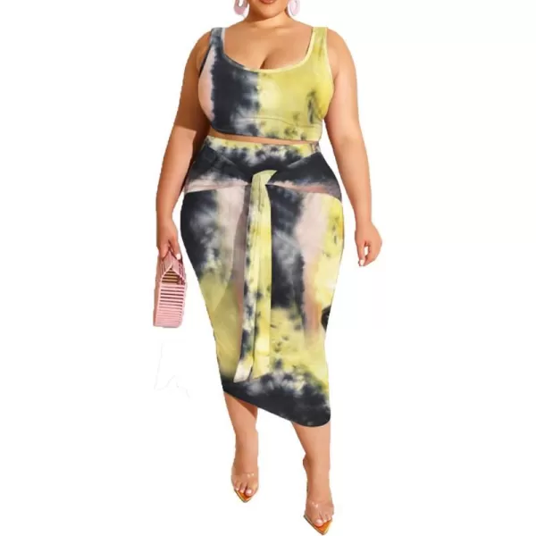 IyMoo Womens Sexy Plus Size 2 Piece Midi Dress Outfits  Sleeveless Tie Dye Print Tank Crop Top Bodycon Skirts SetLight Yellow1