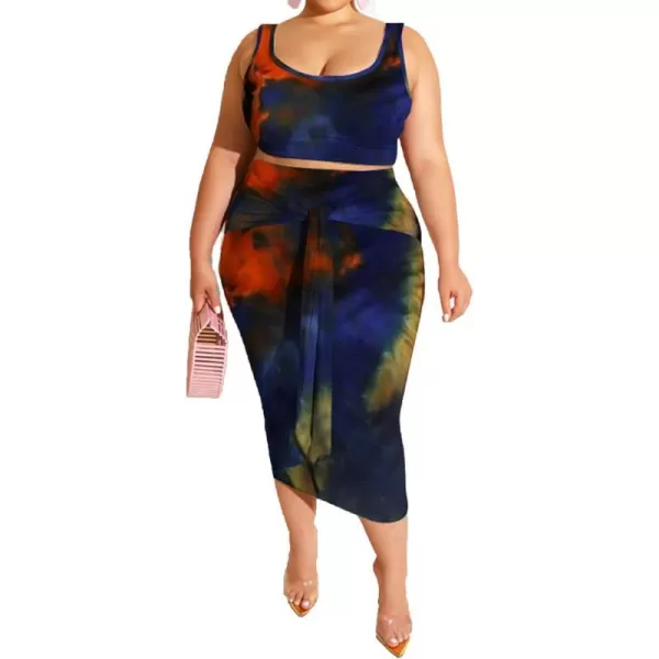 IyMoo Womens Sexy Plus Size 2 Piece Midi Dress Outfits  Sleeveless Tie Dye Print Tank Crop Top Bodycon Skirts SetNavy Blue1