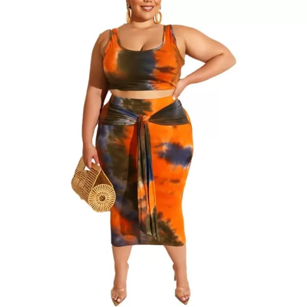 IyMoo Womens Sexy Plus Size 2 Piece Midi Dress Outfits  Sleeveless Tie Dye Print Tank Crop Top Bodycon Skirts SetOrange