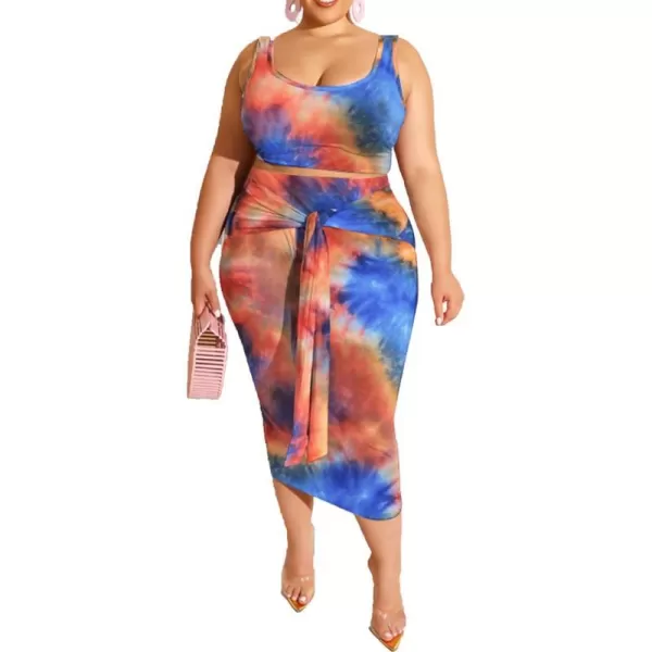 IyMoo Womens Sexy Plus Size 2 Piece Midi Dress Outfits  Sleeveless Tie Dye Print Tank Crop Top Bodycon Skirts SetOrange Blue1