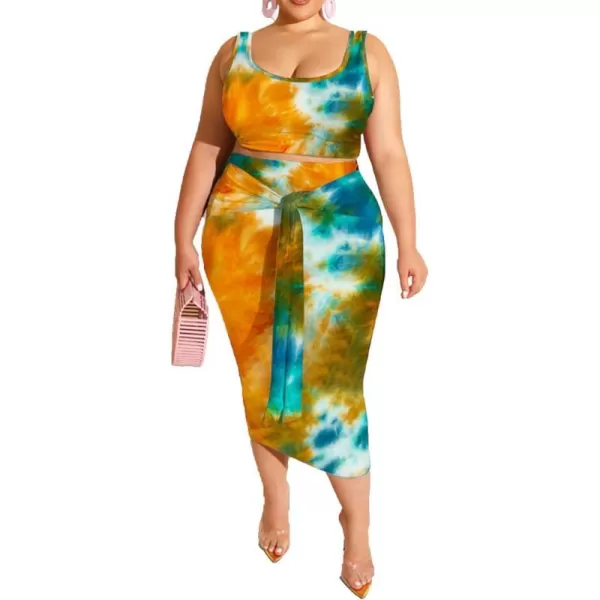 IyMoo Womens Sexy Plus Size 2 Piece Midi Dress Outfits  Sleeveless Tie Dye Print Tank Crop Top Bodycon Skirts SetOrange1