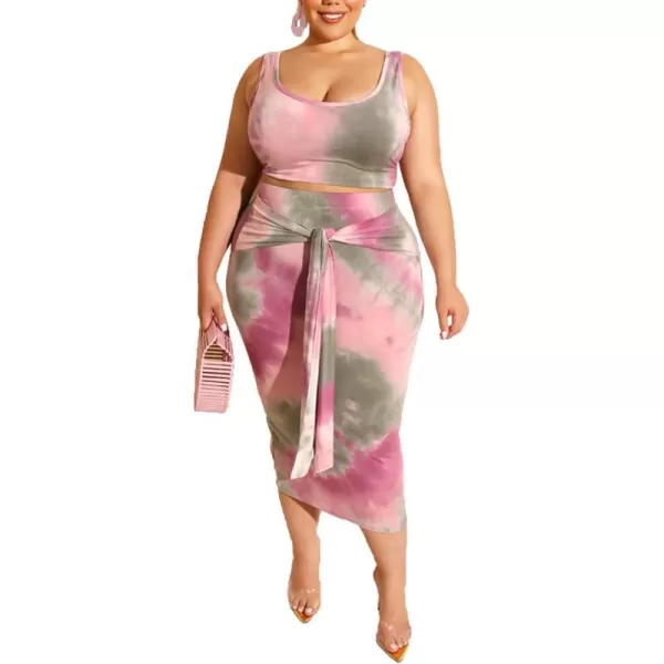 IyMoo Womens Sexy Plus Size 2 Piece Midi Dress Outfits  Sleeveless Tie Dye Print Tank Crop Top Bodycon Skirts SetPink