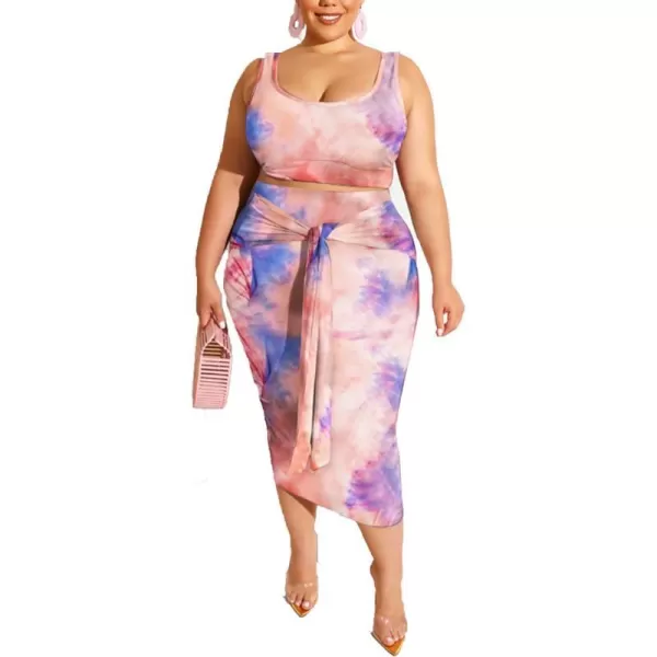 IyMoo Womens Sexy Plus Size 2 Piece Midi Dress Outfits  Sleeveless Tie Dye Print Tank Crop Top Bodycon Skirts SetPink Blue1