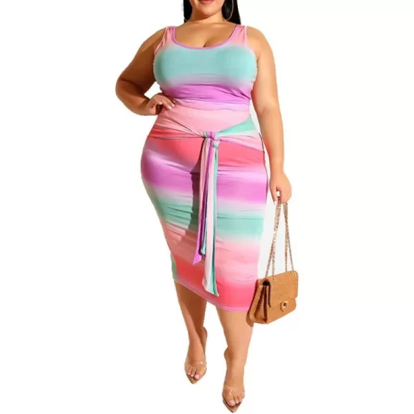 IyMoo Womens Sexy Plus Size 2 Piece Midi Dress Outfits  Sleeveless Tie Dye Print Tank Crop Top Bodycon Skirts SetPink Ombre