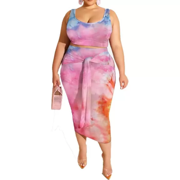 IyMoo Womens Sexy Plus Size 2 Piece Midi Dress Outfits  Sleeveless Tie Dye Print Tank Crop Top Bodycon Skirts SetPink Orange1