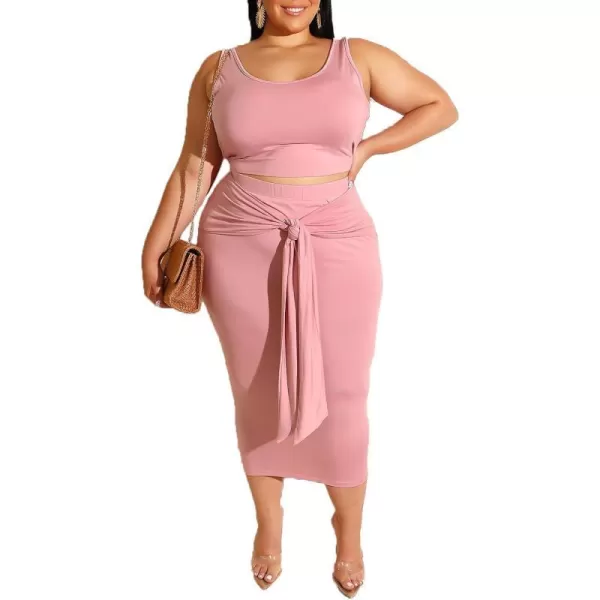 IyMoo Womens Sexy Plus Size 2 Piece Midi Dress Outfits  Sleeveless Tie Dye Print Tank Crop Top Bodycon Skirts SetPink Solid