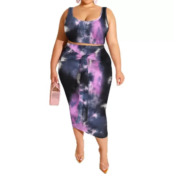 IyMoo Womens Sexy Plus Size 2 Piece Midi Dress Outfits  Sleeveless Tie Dye Print Tank Crop Top Bodycon Skirts SetPurple Black1