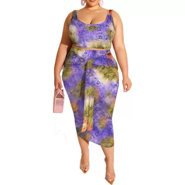 IyMoo Womens Sexy Plus Size 2 Piece Midi Dress Outfits  Sleeveless Tie Dye Print Tank Crop Top Bodycon Skirts SetPurple Green1