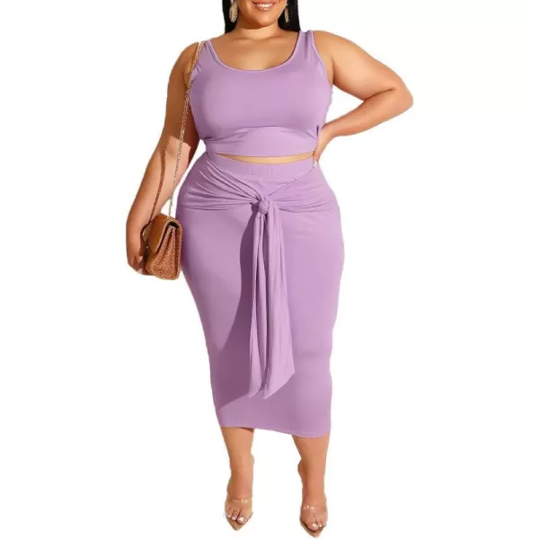 IyMoo Womens Sexy Plus Size 2 Piece Midi Dress Outfits  Sleeveless Tie Dye Print Tank Crop Top Bodycon Skirts SetPurple Solid