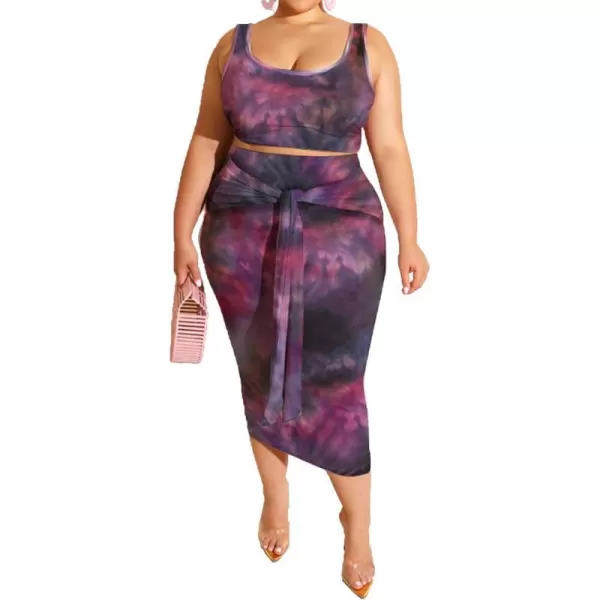 IyMoo Womens Sexy Plus Size 2 Piece Midi Dress Outfits  Sleeveless Tie Dye Print Tank Crop Top Bodycon Skirts SetPurple1
