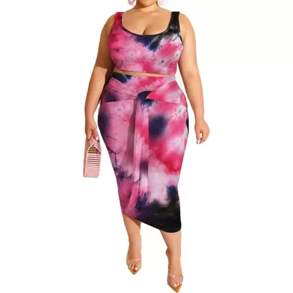 IyMoo Womens Sexy Plus Size 2 Piece Midi Dress Outfits  Sleeveless Tie Dye Print Tank Crop Top Bodycon Skirts SetRed Black1