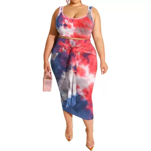 IyMoo Womens Sexy Plus Size 2 Piece Midi Dress Outfits  Sleeveless Tie Dye Print Tank Crop Top Bodycon Skirts SetRed Blue1