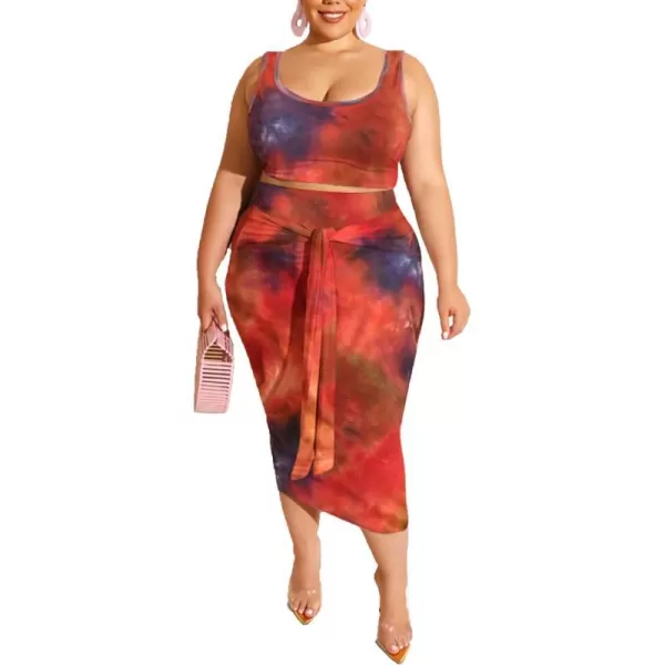 IyMoo Womens Sexy Plus Size 2 Piece Midi Dress Outfits  Sleeveless Tie Dye Print Tank Crop Top Bodycon Skirts SetRed1
