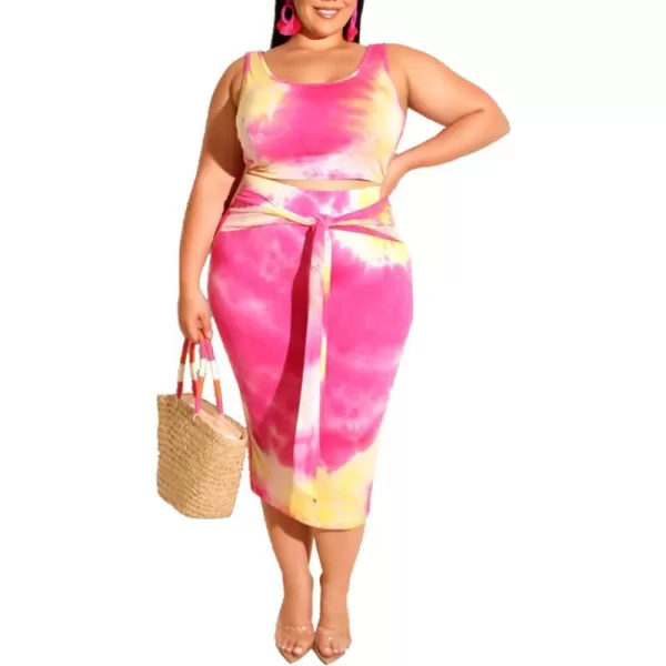 IyMoo Womens Sexy Plus Size 2 Piece Midi Dress Outfits  Sleeveless Tie Dye Print Tank Crop Top Bodycon Skirts SetRose Red