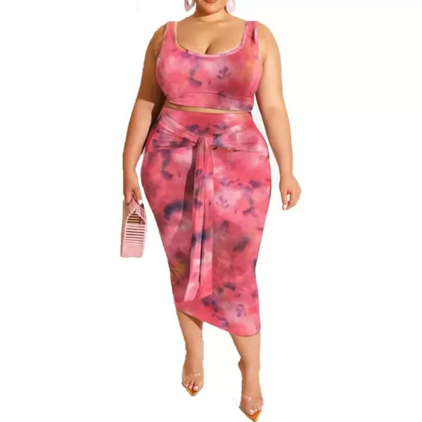 IyMoo Womens Sexy Plus Size 2 Piece Midi Dress Outfits  Sleeveless Tie Dye Print Tank Crop Top Bodycon Skirts SetWatermelon Red1