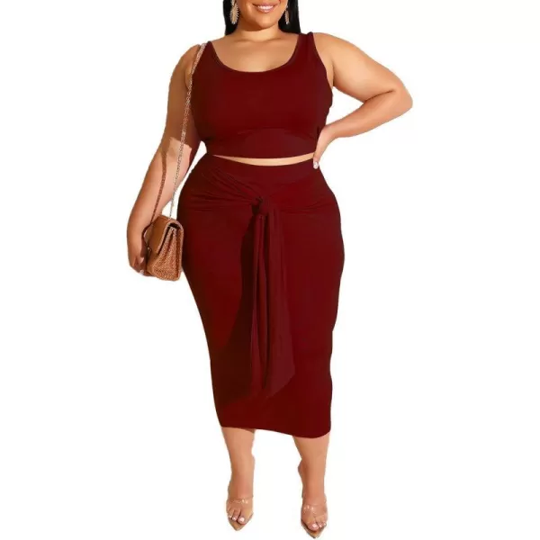 IyMoo Womens Sexy Plus Size 2 Piece Midi Dress Outfits  Sleeveless Tie Dye Print Tank Crop Top Bodycon Skirts SetWine Red Solid