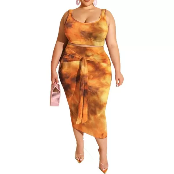 IyMoo Womens Sexy Plus Size 2 Piece Midi Dress Outfits  Sleeveless Tie Dye Print Tank Crop Top Bodycon Skirts SetYellow1