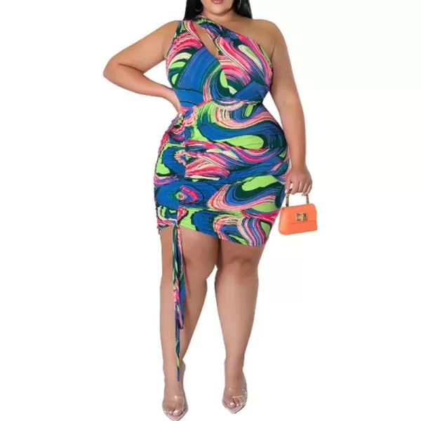 IyMoo Womens Sexy Plus Size Bodycon Cutout One Shoulder Ruched Drawstring Mini Club DressesBlue