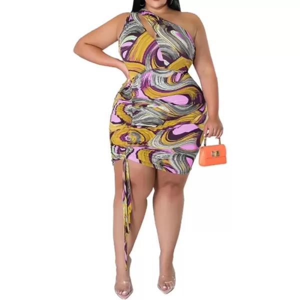 IyMoo Womens Sexy Plus Size Bodycon Cutout One Shoulder Ruched Drawstring Mini Club DressesKhaki