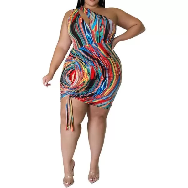 IyMoo Womens Sexy Plus Size Bodycon Cutout One Shoulder Ruched Drawstring Mini Club DressesMulti Red