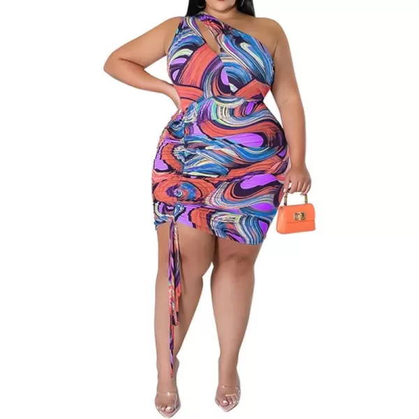IyMoo Womens Sexy Plus Size Bodycon Cutout One Shoulder Ruched Drawstring Mini Club DressesPurple