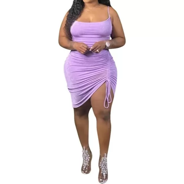 IyMoo Womens Sexy Plus Size Bodycon Spaghetti Strap Ruched Drawstring Mini Club DressesPurple