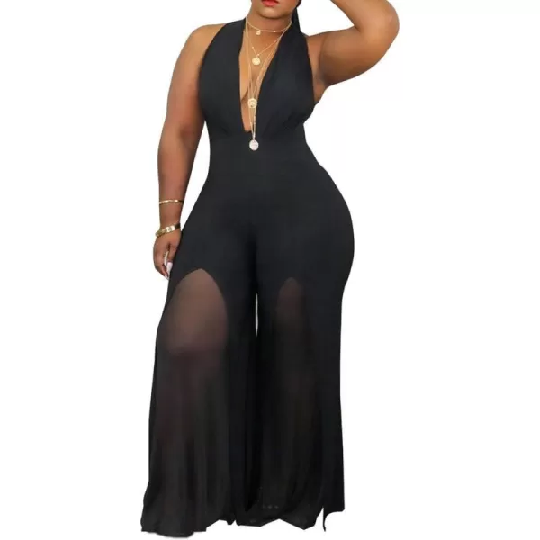IyMoo Womens Sexy Plus Size Chiffon Patchwork Wide Leg Sleeveless Elegant Cocktail V Neck JumpsuitBlack