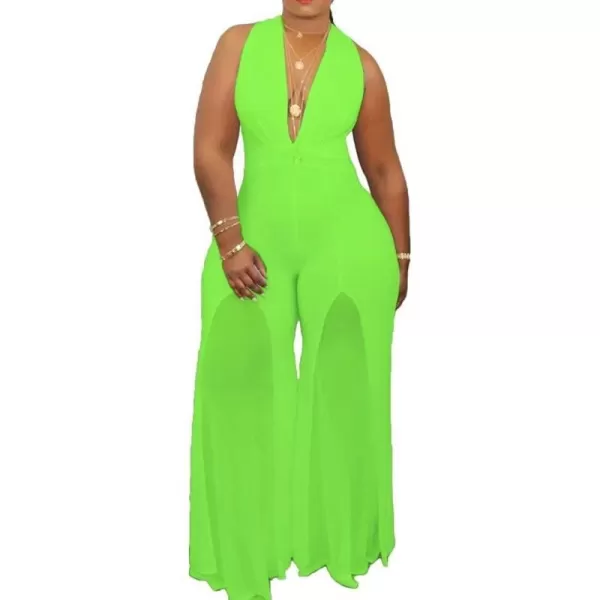 IyMoo Womens Sexy Plus Size Chiffon Patchwork Wide Leg Sleeveless Elegant Cocktail V Neck JumpsuitBright Green