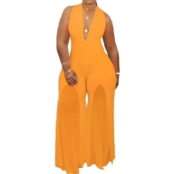 IyMoo Womens Sexy Plus Size Chiffon Patchwork Wide Leg Sleeveless Elegant Cocktail V Neck JumpsuitOrange