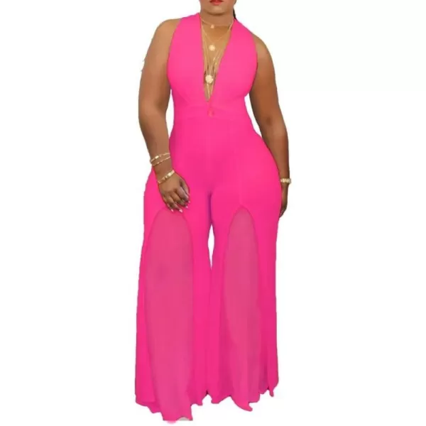 IyMoo Womens Sexy Plus Size Chiffon Patchwork Wide Leg Sleeveless Elegant Cocktail V Neck JumpsuitRose Red