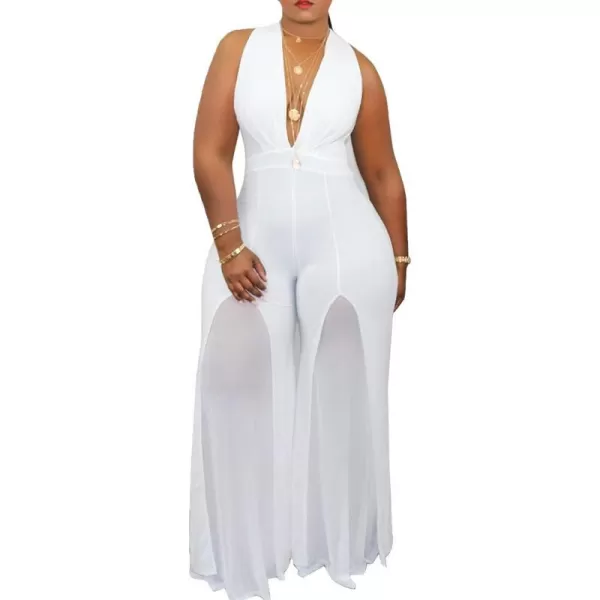 IyMoo Womens Sexy Plus Size Chiffon Patchwork Wide Leg Sleeveless Elegant Cocktail V Neck JumpsuitWhite