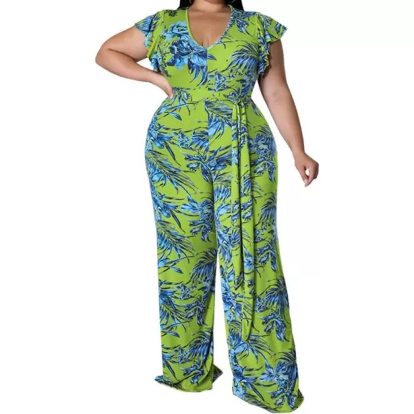 IyMoo Womens Sexy Plus Size Floral Puff Sleeve Wide Leg Long Sleeve Cocktail V Neck Jumpsuit with BeltGreen