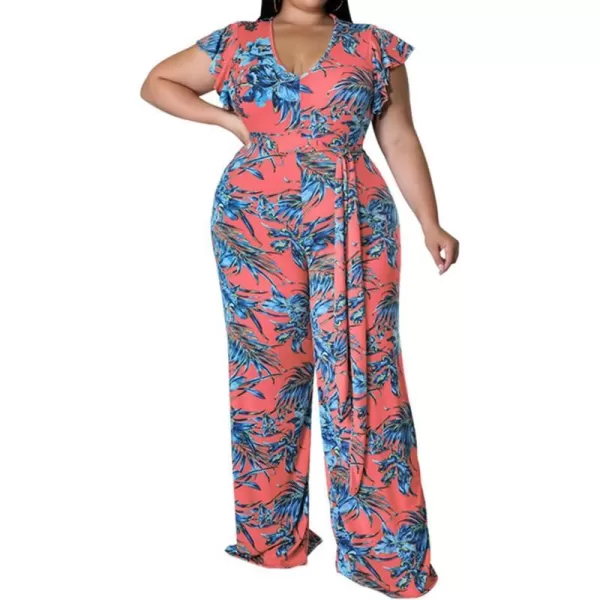 IyMoo Womens Sexy Plus Size Floral Puff Sleeve Wide Leg Long Sleeve Cocktail V Neck Jumpsuit with BeltRed
