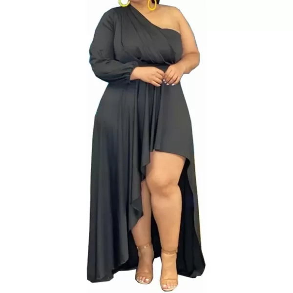 IyMoo Womens Sexy Plus Size One Shoulder Long Sleeve Ruched Elegant High Low Maxi Dress Party GownsBlack