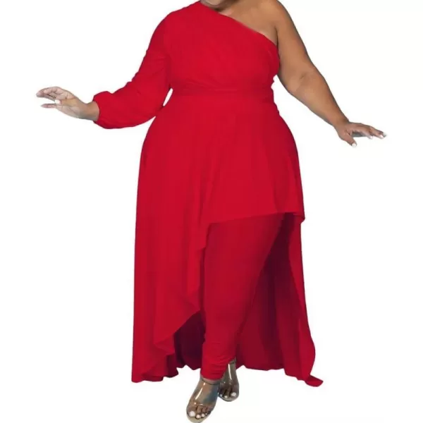IyMoo Womens Sexy Plus Size One Shoulder Long Sleeve Ruched Elegant High Low Maxi Dress Party GownsRed