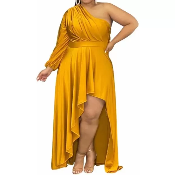 IyMoo Womens Sexy Plus Size One Shoulder Long Sleeve Ruched Elegant High Low Maxi Dress Party GownsYellow