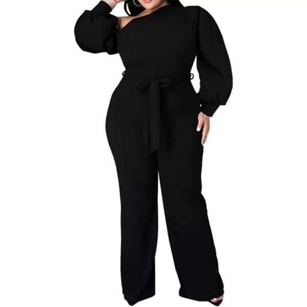 IyMoo Womens Sexy Plus Size One Shoulder Wide Leg Long Sleeve Cocktail V Neck Jumpsuits Romper086 Black