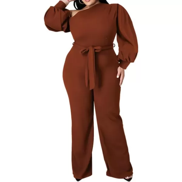 IyMoo Womens Sexy Plus Size One Shoulder Wide Leg Long Sleeve Cocktail V Neck Jumpsuits Romper086 Brown