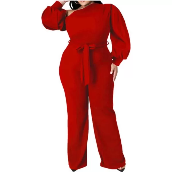 IyMoo Womens Sexy Plus Size One Shoulder Wide Leg Long Sleeve Cocktail V Neck Jumpsuits Romper086 Red
