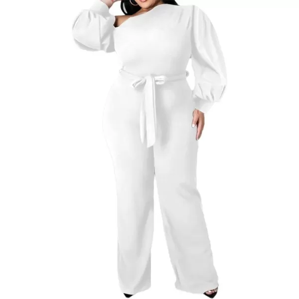 IyMoo Womens Sexy Plus Size One Shoulder Wide Leg Long Sleeve Cocktail V Neck Jumpsuits Romper086 White