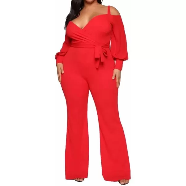 IyMoo Womens Sexy Plus Size One Shoulder Wide Leg Long Sleeve Cocktail V Neck Jumpsuits Romper494 Red