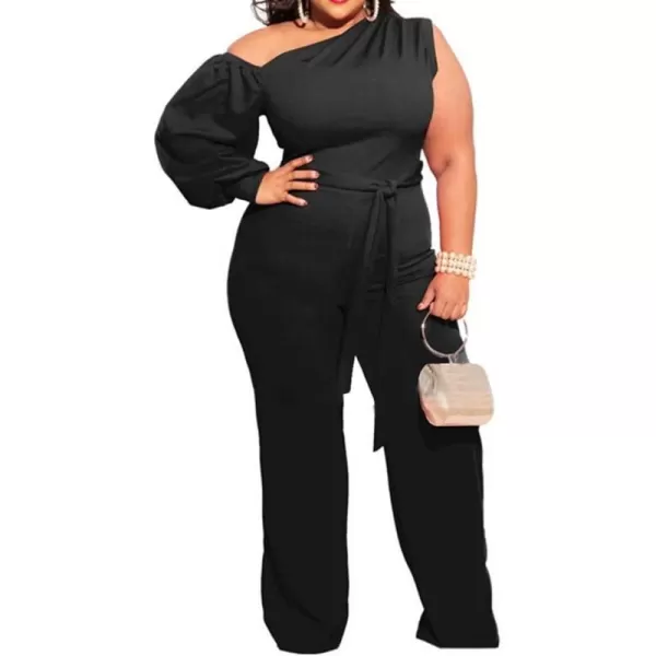 IyMoo Womens Sexy Plus Size One Shoulder Wide Leg Long Sleeve Cocktail V Neck Jumpsuits RomperBlack