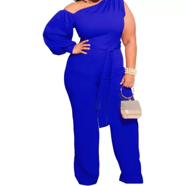 IyMoo Womens Sexy Plus Size One Shoulder Wide Leg Long Sleeve Cocktail V Neck Jumpsuits RomperBlue