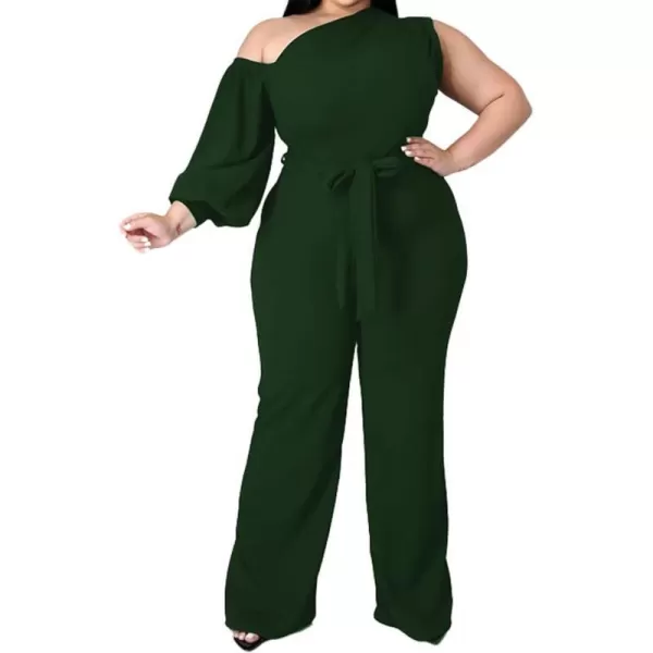 IyMoo Womens Sexy Plus Size One Shoulder Wide Leg Long Sleeve Cocktail V Neck Jumpsuits RomperGreen