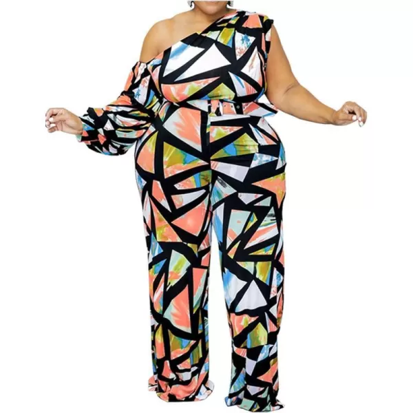IyMoo Womens Sexy Plus Size One Shoulder Wide Leg Long Sleeve Cocktail V Neck Jumpsuits RomperMulticolored