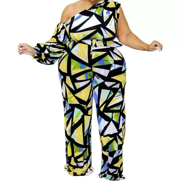 IyMoo Womens Sexy Plus Size One Shoulder Wide Leg Long Sleeve Cocktail V Neck Jumpsuits RomperMulticolored Yellow