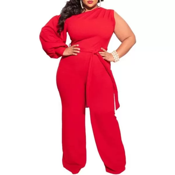 IyMoo Womens Sexy Plus Size One Shoulder Wide Leg Long Sleeve Cocktail V Neck Jumpsuits RomperRed